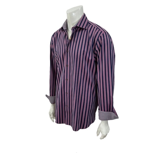Bugatchi Uomo Striped Casual Dress Shirt Contrast Cuffs Mens XL - Picture 1 of 10